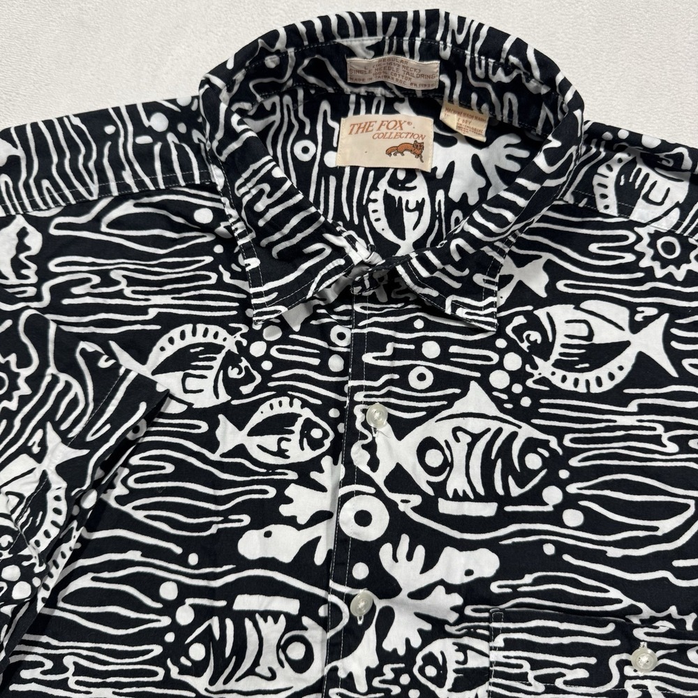 The Fox Collection Mens Black White Fish‎ Print Short Sleeve Button Up Shirt L
